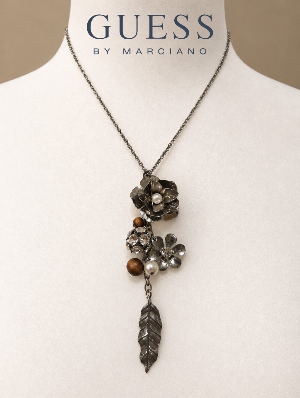 GUESS Silver-Tone Floral Multi-Charm Statement Necklace | Pearl Crystal Leaf Dro